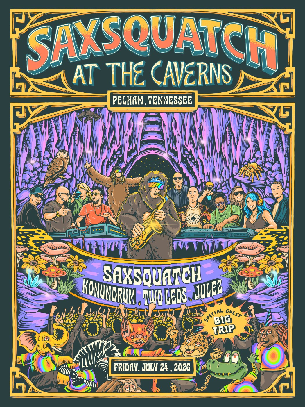 Saxsquatch in The Caverns event poster